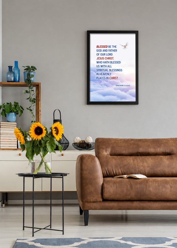 Holy Frames Blessed with All Spiritual Blessings in Christ Ephesians 1:3 Bible verse frame on wall — Ephesians Scripture home decor mockup
