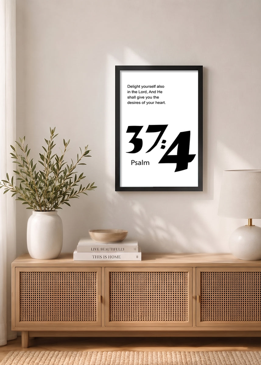 HolyFrames Delight Yourself Also in the Lord Psalm 37:4 Bible verse frame on wall — Psalm Scripture home decor mockup
