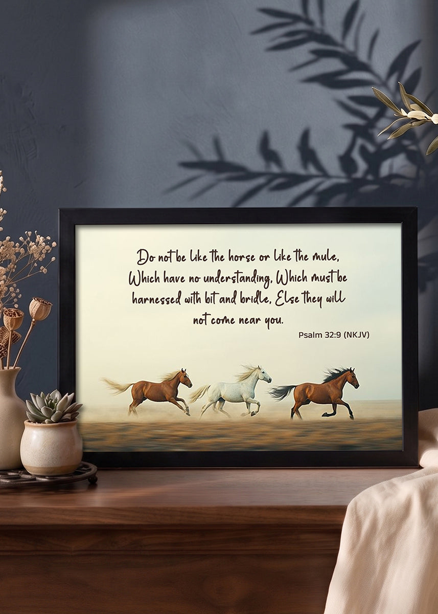 HolyFrames Do Not Be Like the Horse or the Mule Psalm 32:9 English Black Bible verse wall frame — Do not be like the horse or like the mule, which have no understanding, which must be harnessed with bit and bridle, else they will not come near you.