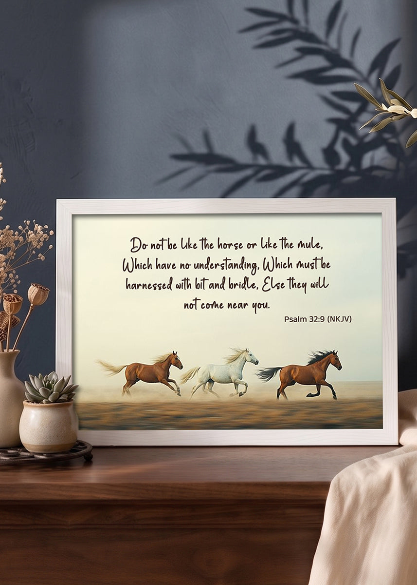 HolyFrames Do Not Be Like the Horse or the Mule Psalm 32:9 English White Bible verse wall frame — Do not be like the horse or like the mule, which have no understanding, which must be harnessed with bit and bridle, else they will not come near you.