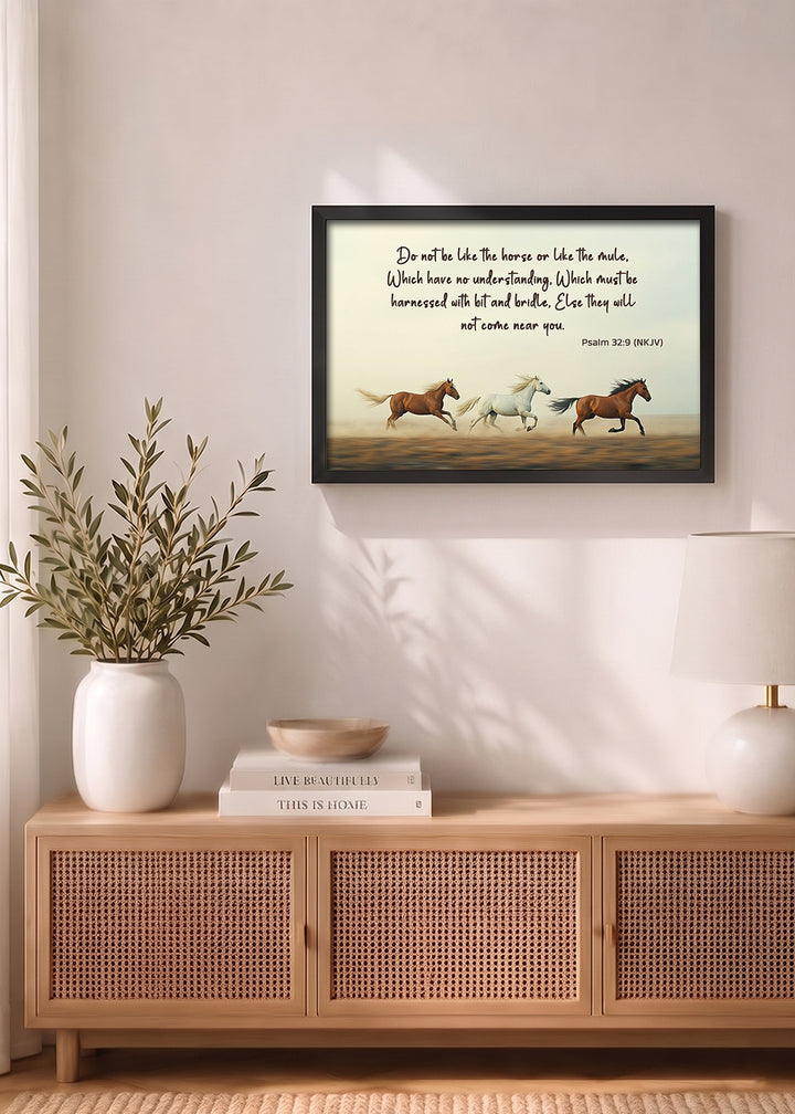 HolyFrames Do Not Be Like the Horse or the Mule Psalm 32:9 Bible verse frame on wall — Psalm Scripture home decor mockup