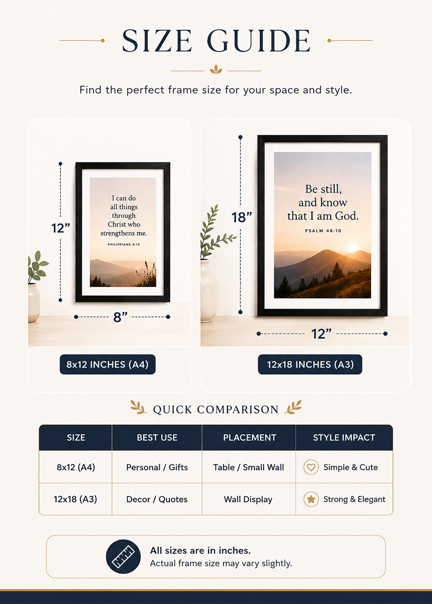 HolyFrames Christian wall frame size guide — A4 and A3 Bible verse frame dimensions