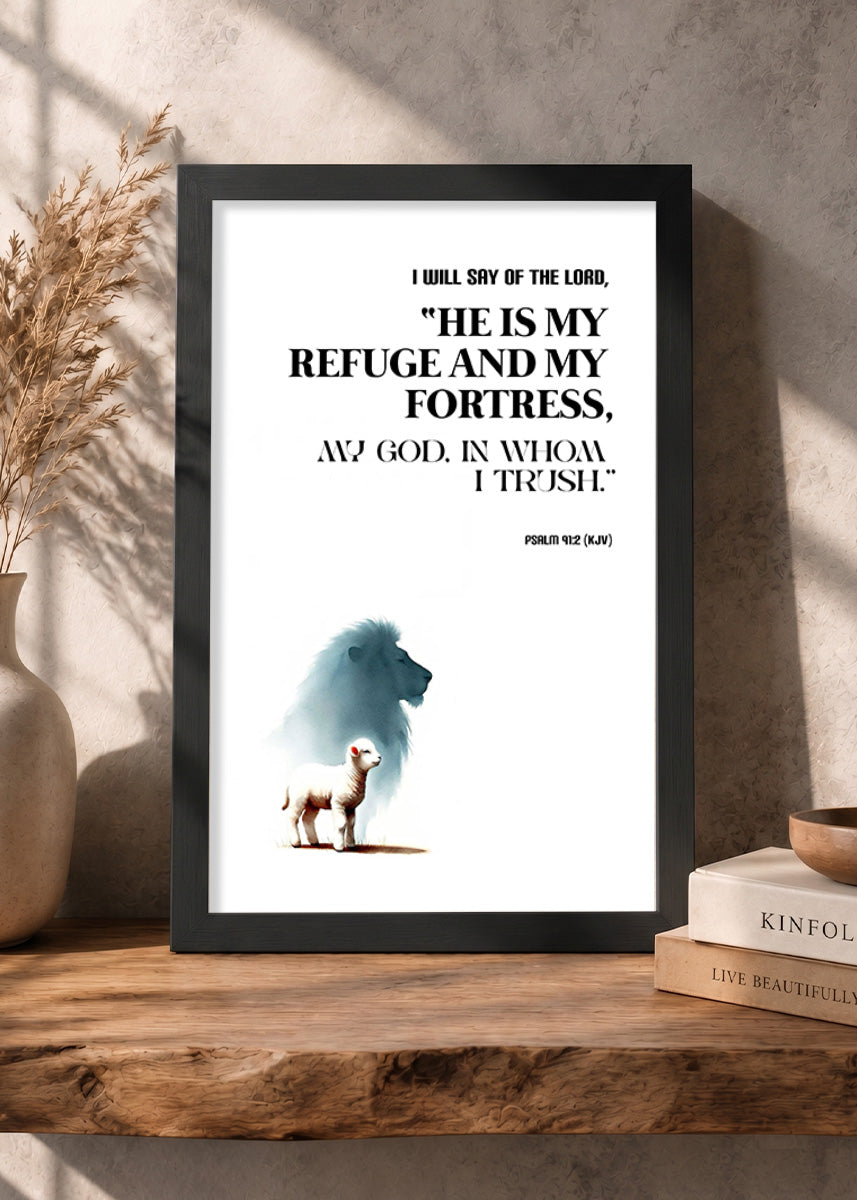 Holy Frames – He Is My Refuge and My Fortress – Psalm 91:2 Bible verse frame styled on wall