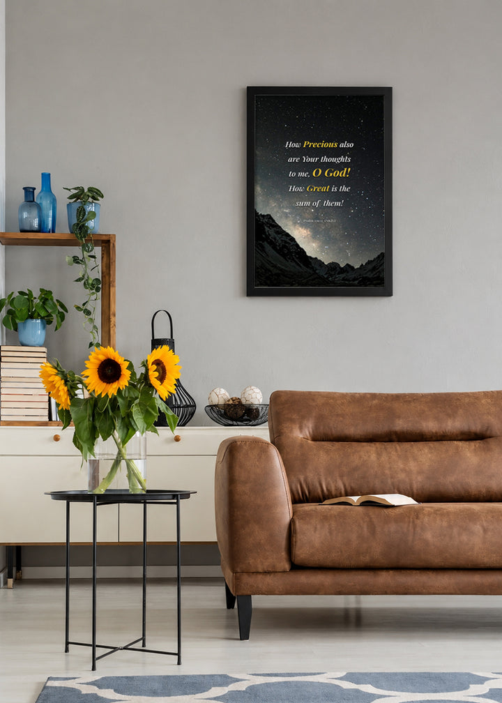 Holy Frames How Precious Are Your Thoughts to Me Psalm 139:17 Bible verse frame on wall — Psalm Scripture home decor mockup