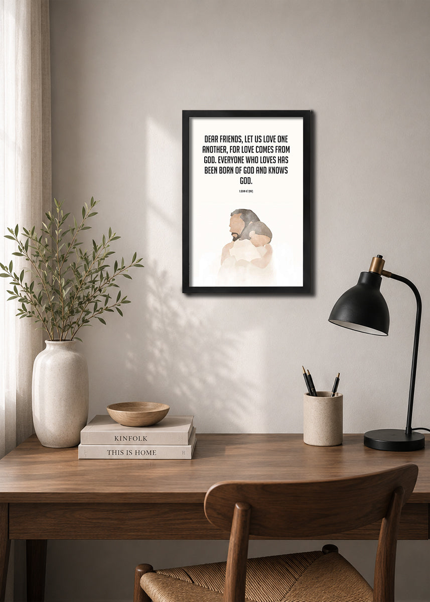 HolyFrames Let Us Love One Another 1 John 4:7 Bible verse frame on wall — 1 John Scripture home decor mockup