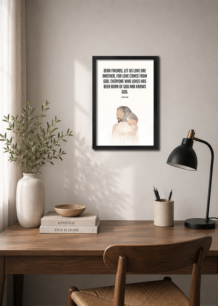 HolyFrames Let Us Love One Another 1 John 4:7 Bible verse frame on wall — 1 John Scripture home decor mockup