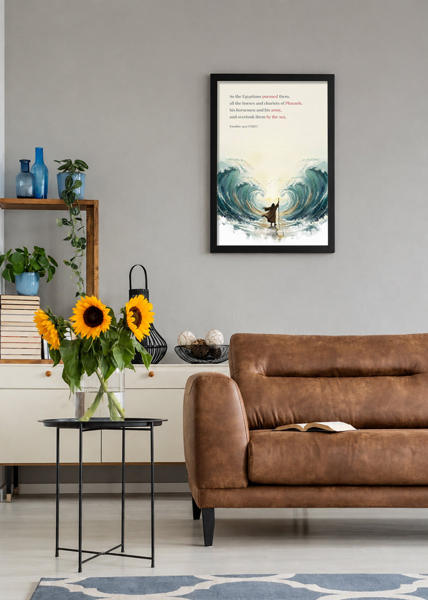 HolyFrames The Egyptians Pursued Them Exodus 14:9 Bible verse frame on wall — Exodus Scripture home decor mockup