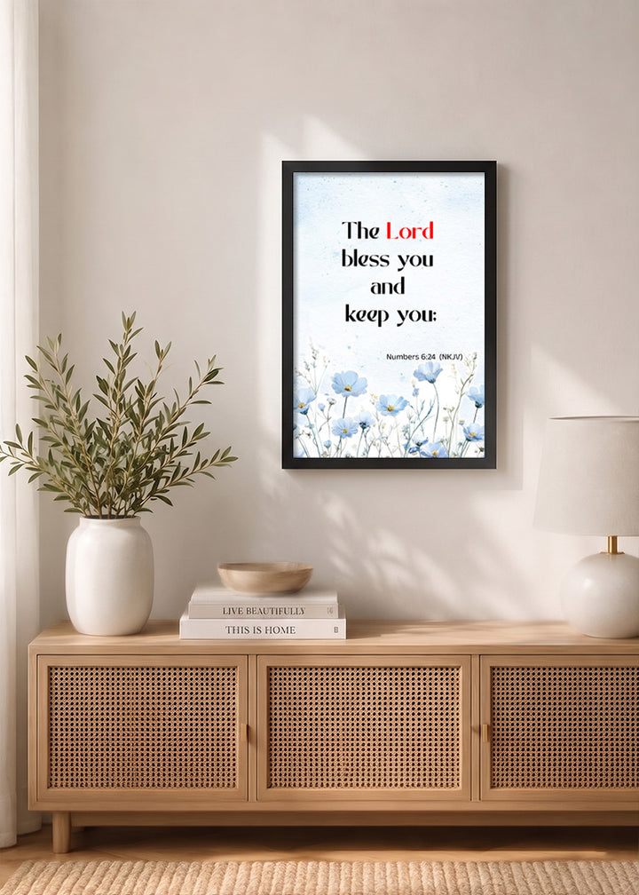 Holy Frames The Lord Bless You and Keep You Numbers 6:24 Bible verse frame on wall — Numbers Scripture home decor mockup