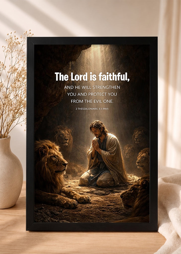 HolyFrames The Lord Is Faithful 2 Thessalonians 3:3 English Black Bible verse wall frame — The Lord is faithful, and he will strengthen you and protect you from the evil one.