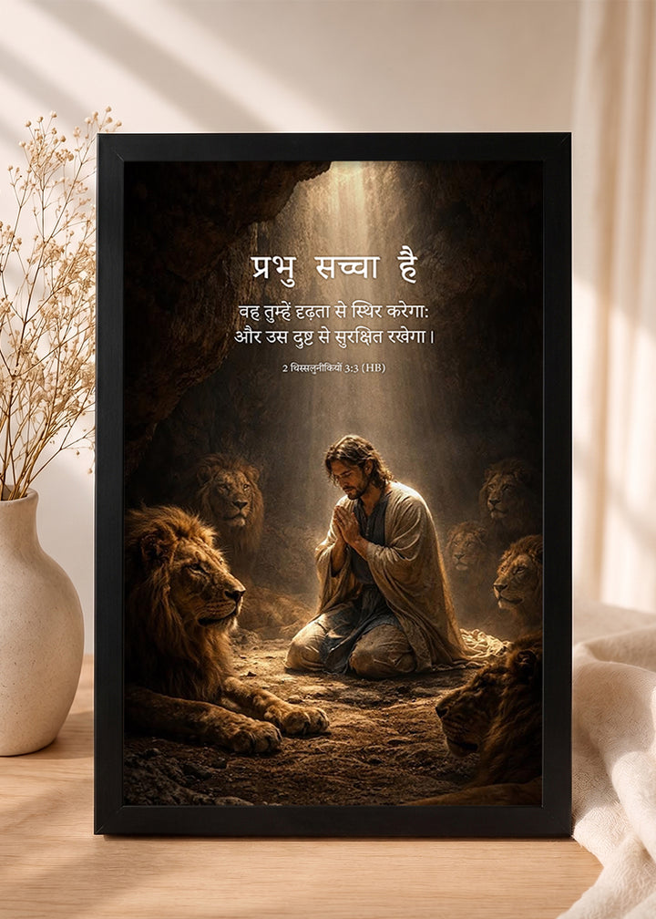 HolyFrames The Lord Is Faithful 2 Thessalonians 3:3 Hindi Black Bible verse wall frame — प्रभु सच्चा है, वह तुम्हें दृढ़ता से स्थिर करेगा और उस दुष्ट से सुरक्षित रखेगा।