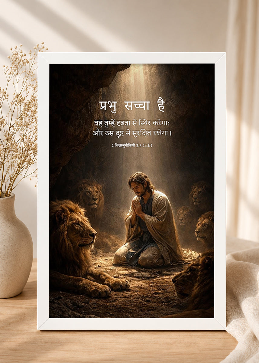 HolyFrames The Lord Is Faithful 2 Thessalonians 3:3 Hindi White Bible verse wall frame — प्रभु सच्चा है, वह तुम्हें दृढ़ता से स्थिर करेगा और उस दुष्ट से सुरक्षित रखेगा।