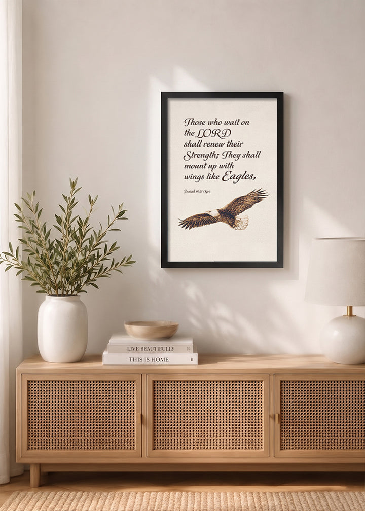 HolyFrames Those Who Wait on the Lord Shall Renew Their Strength Isaiah 40:31 Bible verse frame on wall — Isaiah Scripture home decor mockup