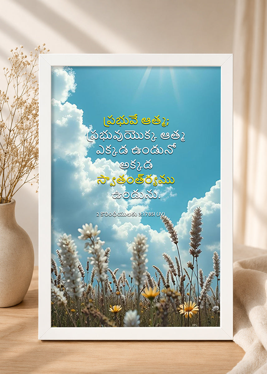 Holy Frames Where the Spirit of the Lord Is, There Is Liberty 2 Corinthians 3:17 Telugu White Bible verse wall frame — ప్రభువే ఆత్మ; ప్రభువుయొక్క ఆత్మ ఎక్కడ ఉండునో అక్కడ స్వాతంత్ర్యము ఉండును.