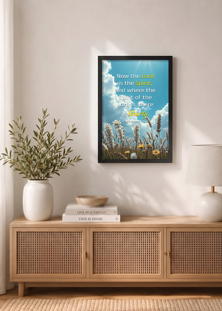 Holy Frames Where the Spirit of the Lord Is, There Is Liberty 2 Corinthians 3:17 Bible verse frame on wall — 2 Corinthians Scripture home decor mockup