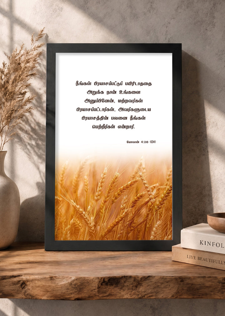 Holy Frames – You Have Entered Into Their Labors – John 4:38 — நீங்கள் பிரயாசப்பட்டுப் பயிரிடாததை அறுக்க நான் உங்களை அனுப்பினேன், மற்றவர்கள் பிரயாசப்பட்டார்கள், அவர்களுடைய பிரயாசத்தின் பலனை நீங்கள் பெற்றீர்கள்., black Christian wall frame